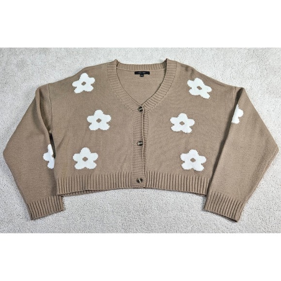 Womens Love Tree Cardigan Sweater Sz L Tan White Floral Knit Cropped Cottagecore - Picture 1 of 7